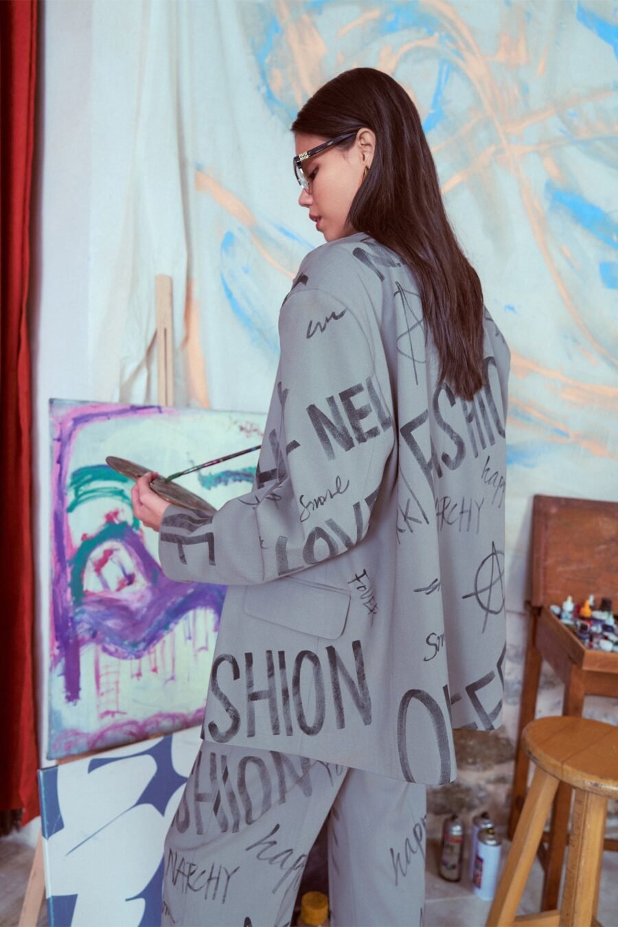 Text Printed Buttoned Blazer - Image 5