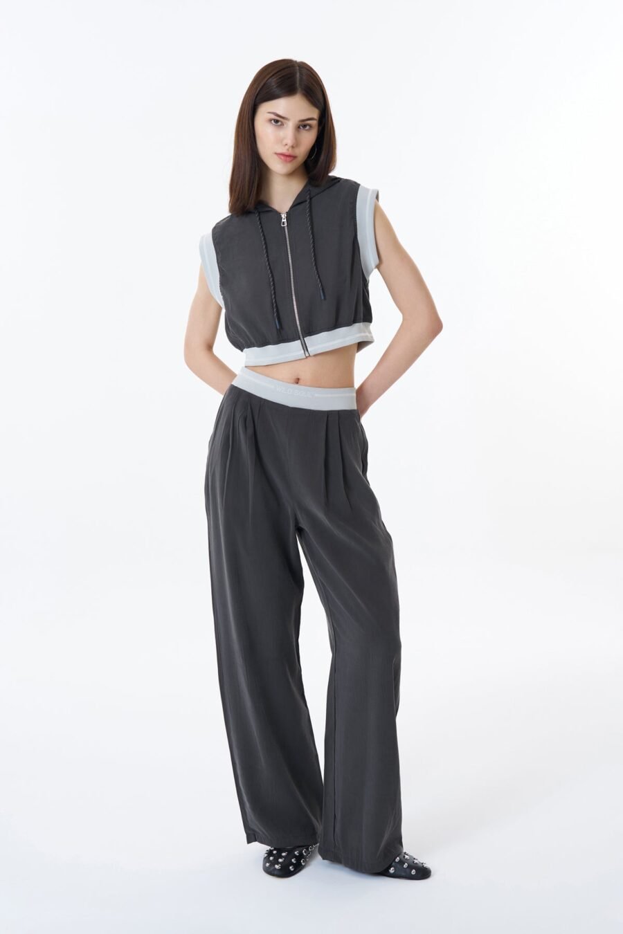 Ribbed Waist Palazzo Trousers