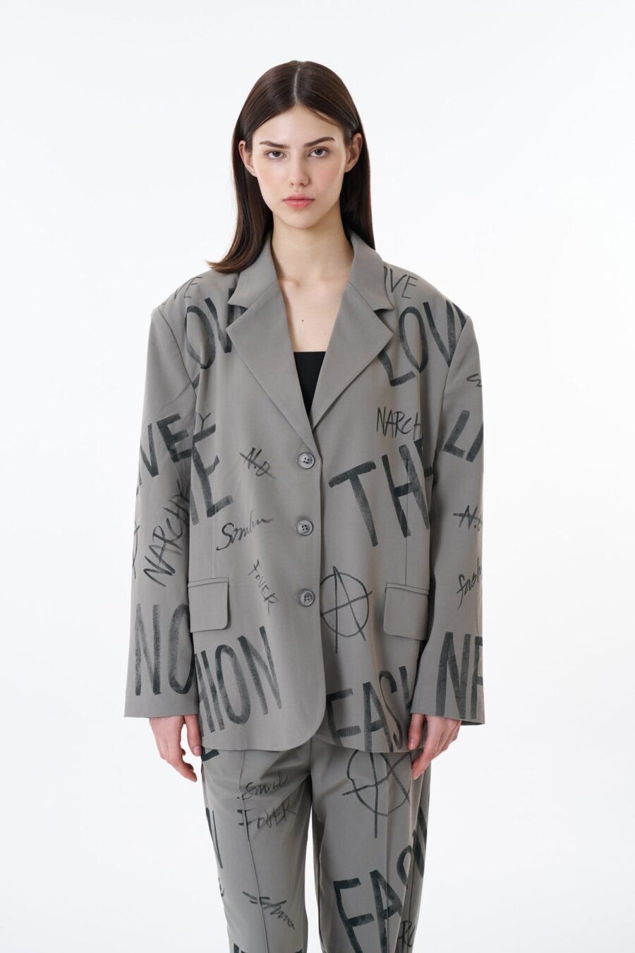 Text Printed Buttoned Blazer
