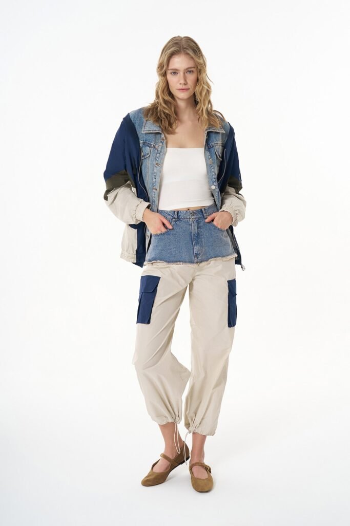 Denim Detailed Pocket Parachute Trousers